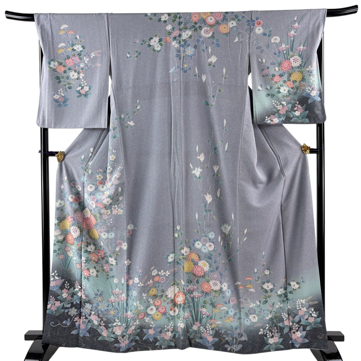 訪問着 身丈162.5cm 裄丈68.5cm L 袷 菊 椿 金銀彩 染め分け 灰紫 正絹