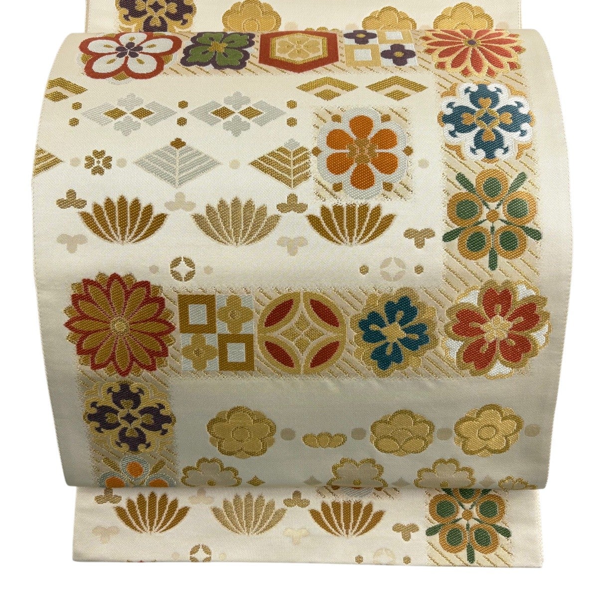 SEIKO MATSUDA 袋帯 花文様 金糸 和装小物 着物帯 美品】 袋帯 秀品 鈴乃屋 梅菊花尽し文 箔 金銀糸 クリーム 六通 正絹