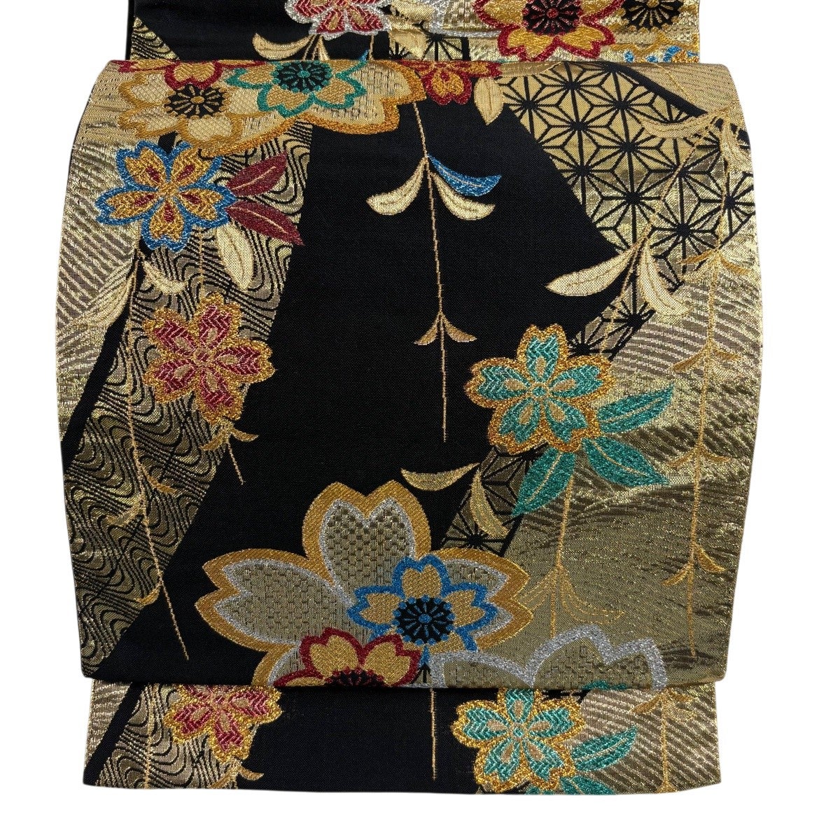 袋帯 秀品 振袖向き 桜 麻の葉 箔 金糸 黒 六通 正絹｜中古・古着