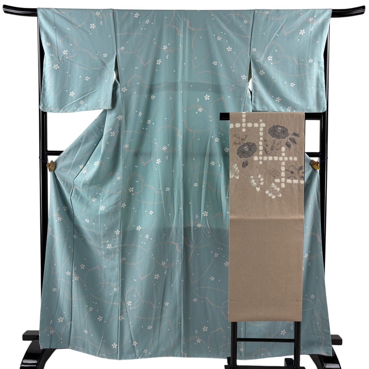 美品】 小紋 身丈166cm 裄丈66cm M 袷 名古屋帯セット 桜 蝶 水色 正絹