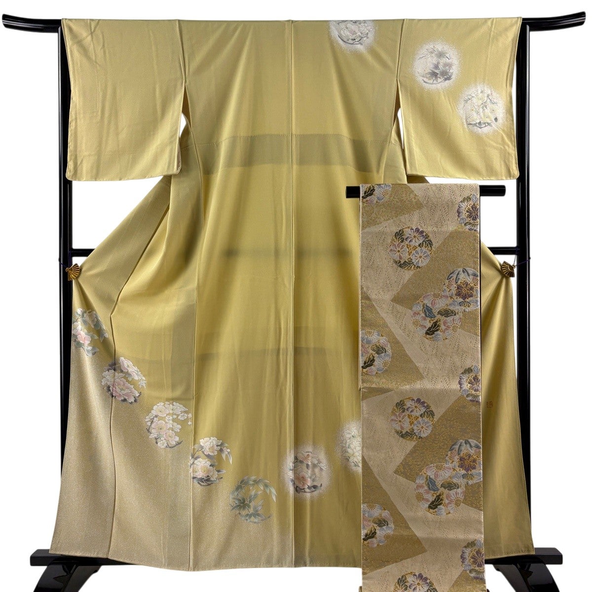 美品】 訪問着 身丈161cm 裄丈65cm M 袷 袋帯セット 落款あり 花丸文