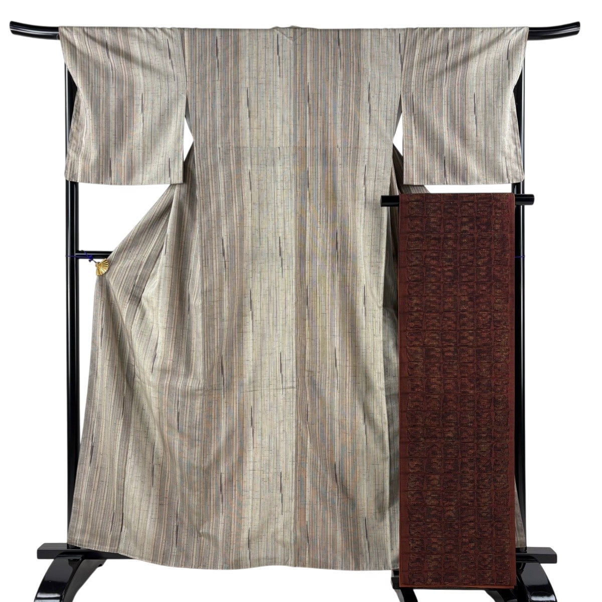 美品】 紬 身丈162cm 裄丈64cm M 袷 袋帯セット 菊 縦縞 墨色 正絹 秀