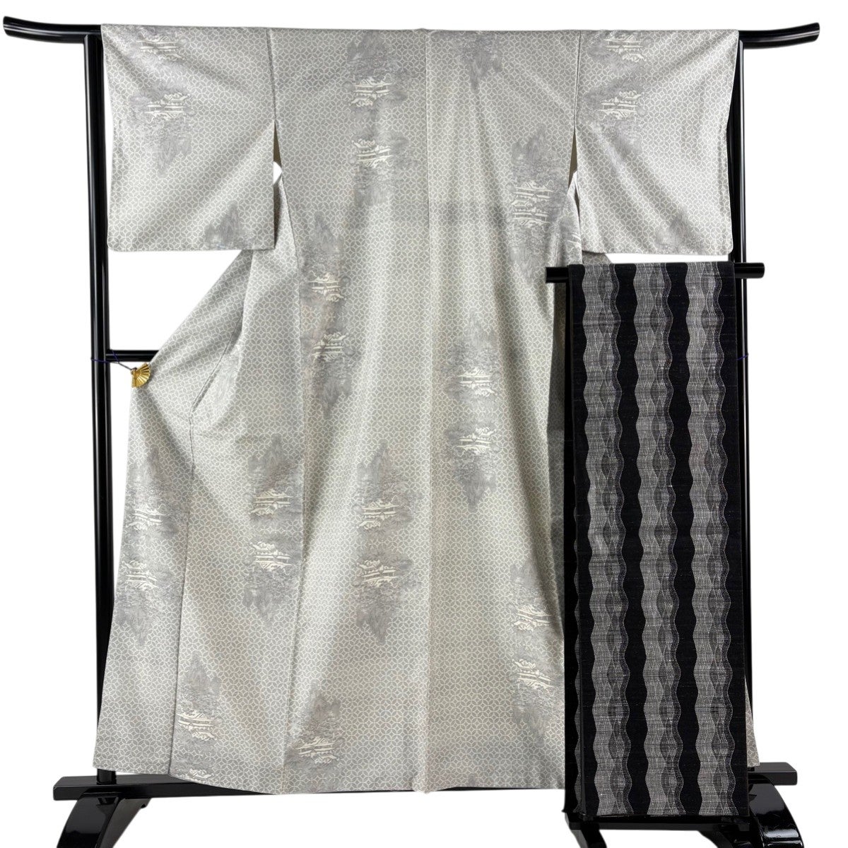 美品】 小紋 身丈164.5cm 裄丈68cm L 袷 袋帯セット 落款あり 幾何学