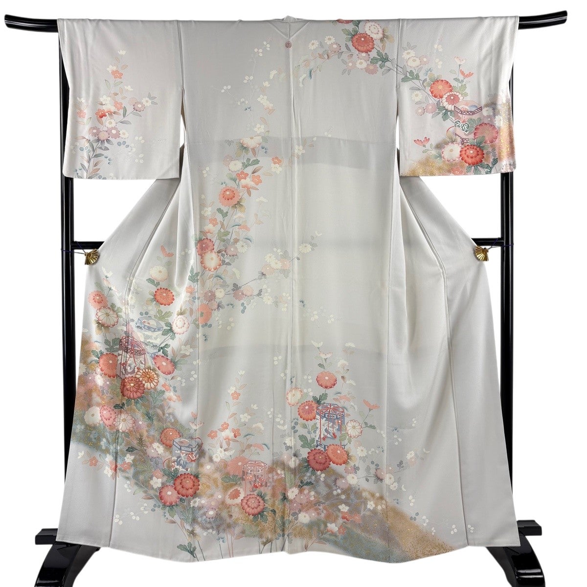 訪問着 身丈165cm 裄丈69cm L 袷 桜 金糸 金彩 青灰色 正絹 秀品｜中古