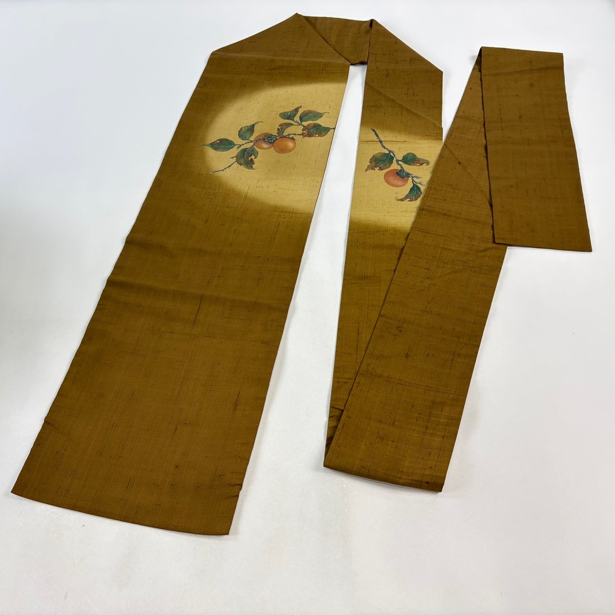 美品】 名古屋帯 秀品 紬地 柿 ぼかし 金糸 焦茶色 正絹｜中古・古着