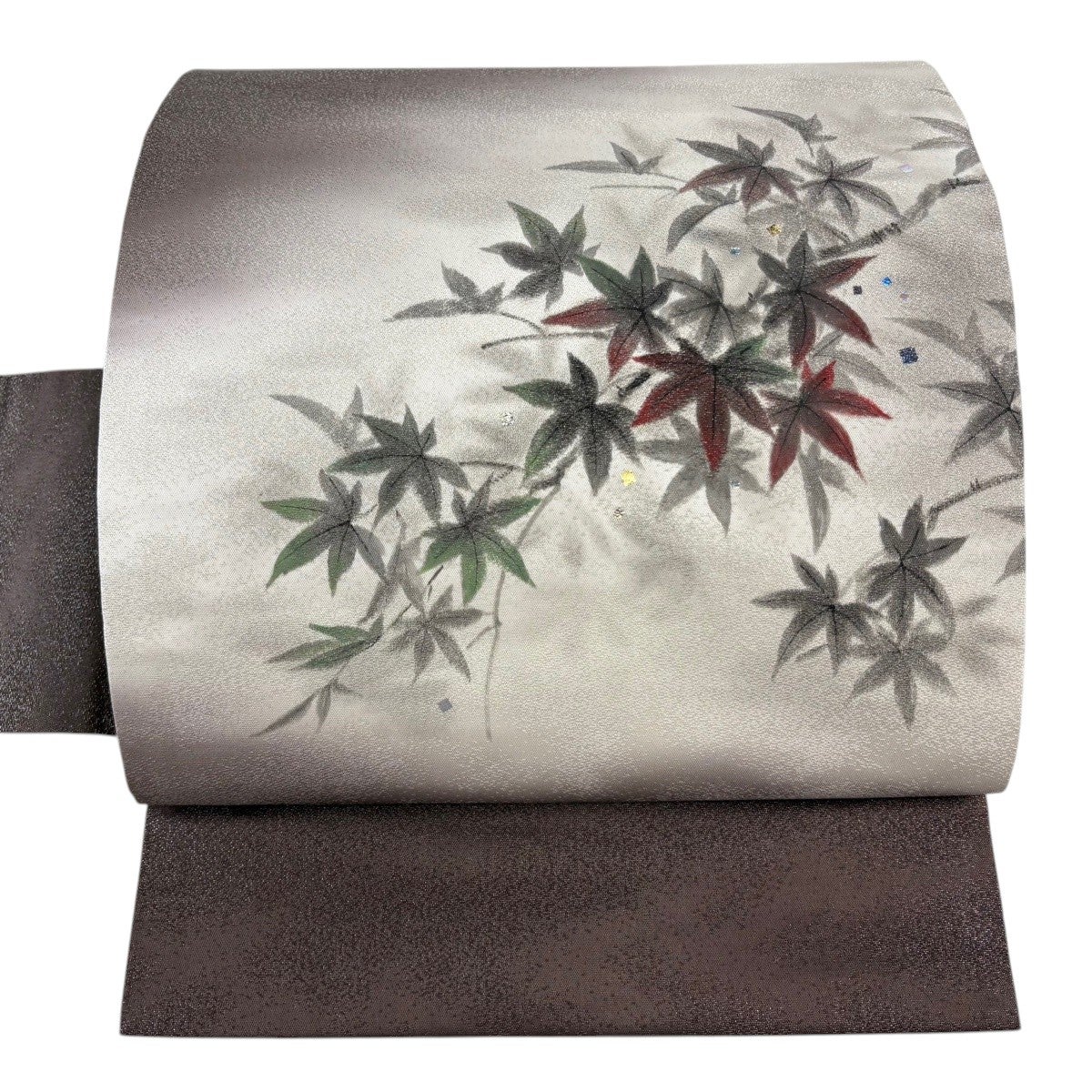 美品】 名古屋帯 秀品 落款あり 楓 霞 銀通し 茶紫 正絹｜中古・古着
