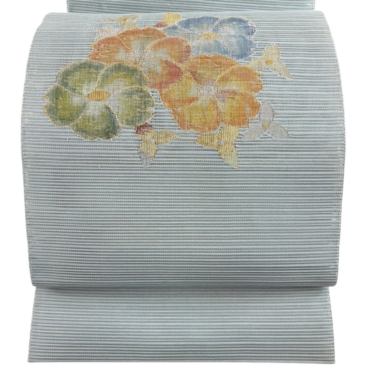 名古屋帯 優品 夏帯 絽 扇 草花 銀糸 箔 ベージュ 正絹｜中古・古着