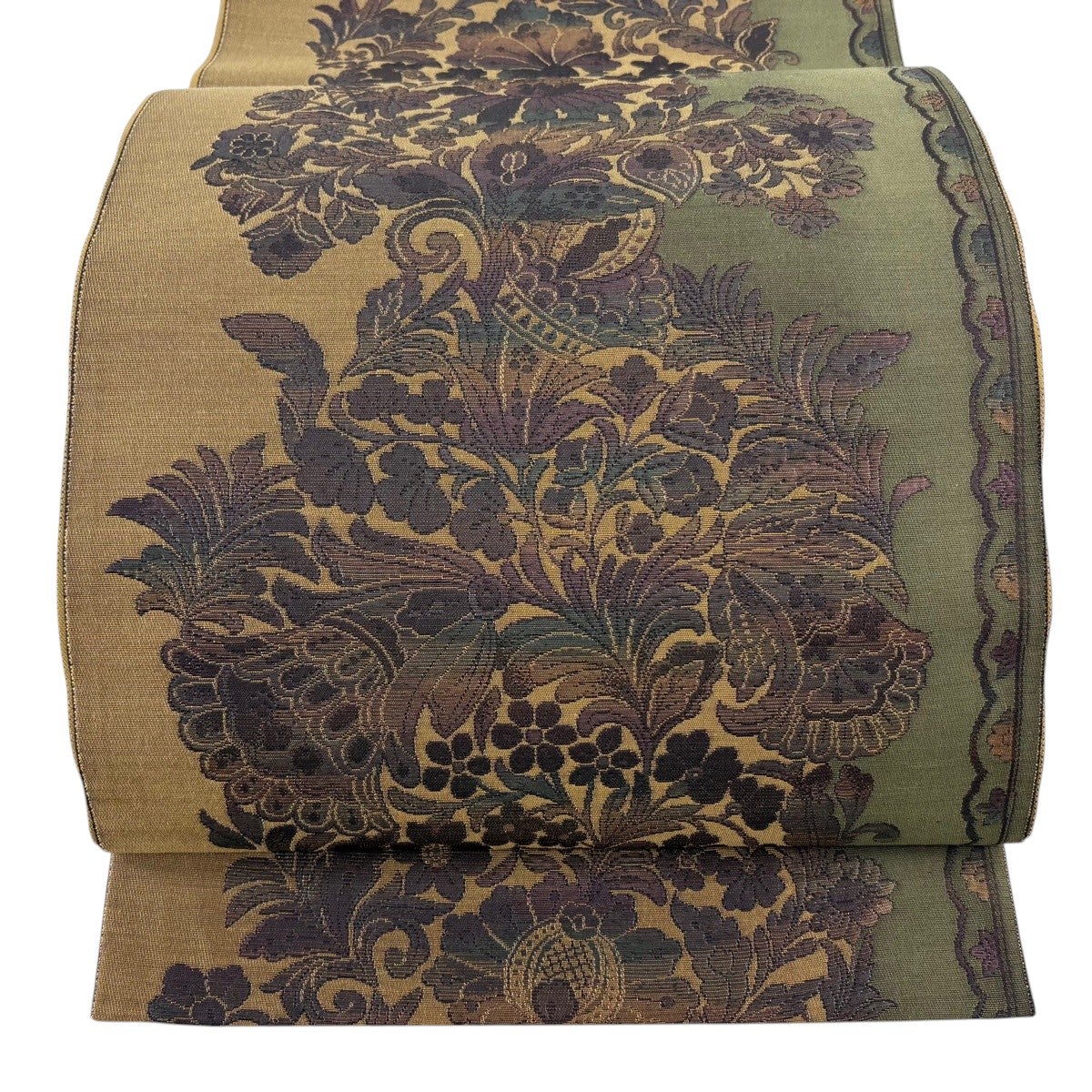 美品】 袋帯 名品 斉藤三才 落款あり 鱗 紗綾形 金糸 焦茶色 六通 正絹