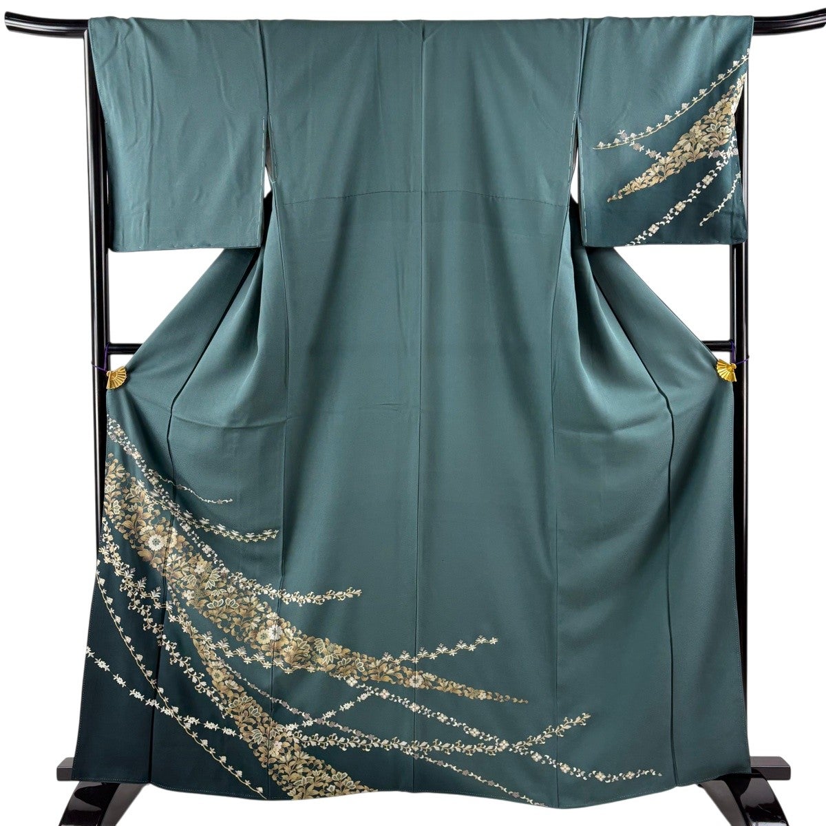 訪問着 身丈163.5cm 裄丈66.5cm M 袷 菊 草花 金銀彩 ぼかし 灰緑 正絹