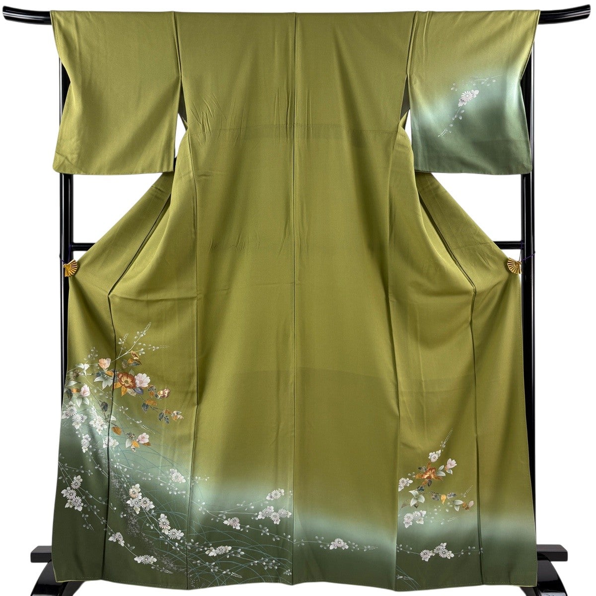 付下げ 身丈167.5cm 裄丈68cm L 袷 椿 菊 刺繍 金糸 鶯色 正絹 秀品