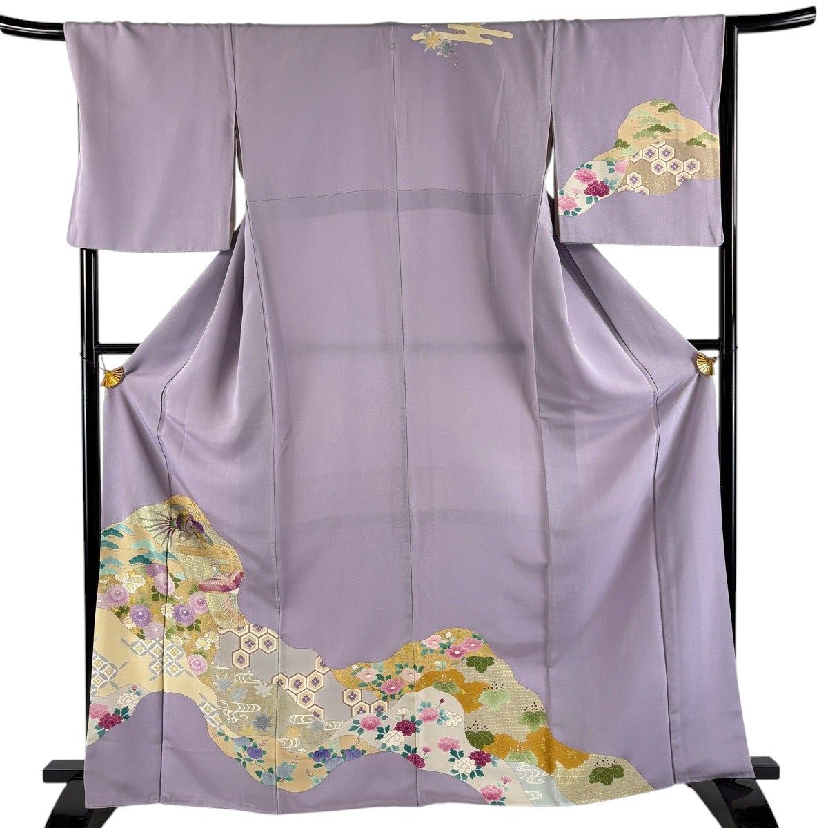 【美品】訪問着 正装 着物 袷 正絹 身丈151 裄61 くすみ薄紫 風景 金彩 訪問着 身丈165.5cm 裄丈67cm M 袷 鳥 霞 金糸 金彩 薄紫 正絹 秀品 一