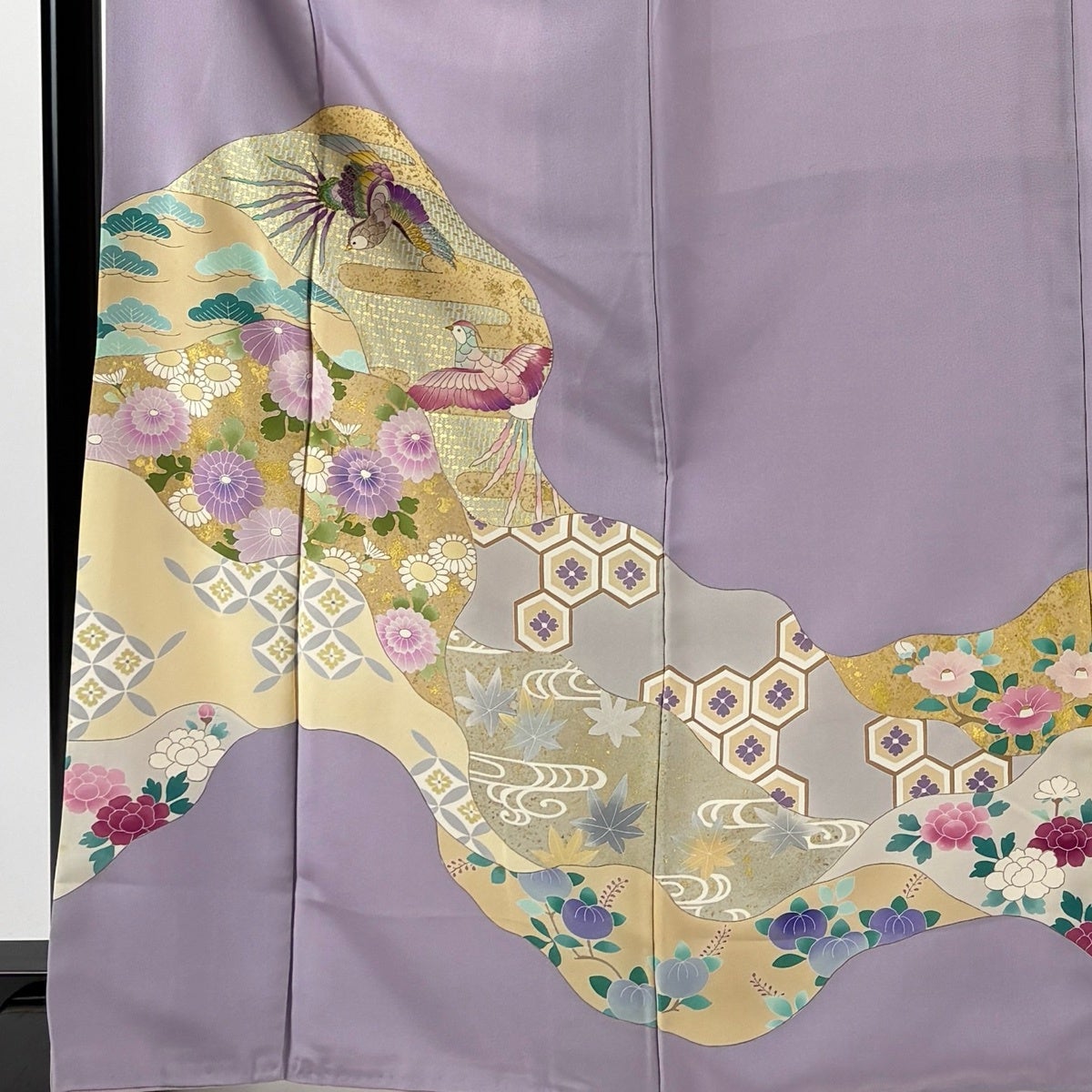 訪問着 身丈165.5cm 裄丈67cm M 袷 鳥 霞 金糸 金彩 薄紫 正絹 秀品 一