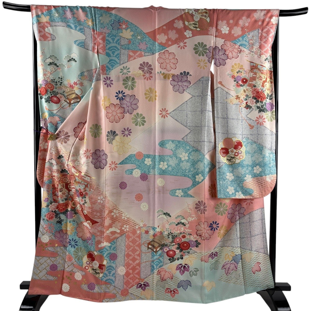振袖 身丈164.5cm 裄丈67.5cm L 袷 几帳 松梅 金糸 金彩 薄ピンク 正絹