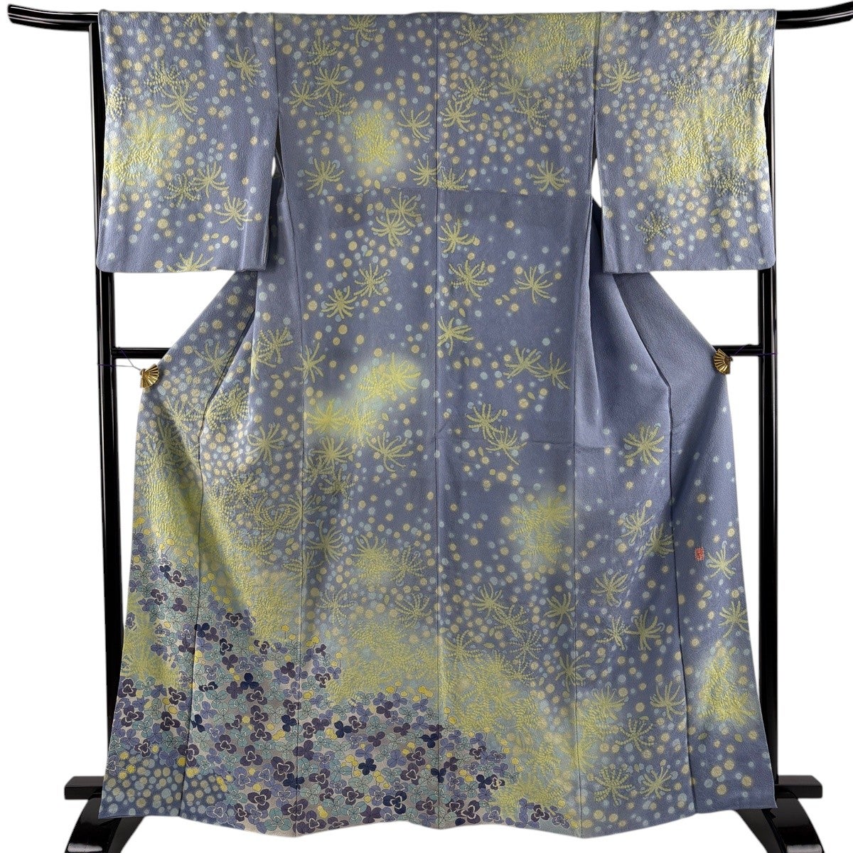 新古品！美品＊単衣＊灰藤色＊絞り柄＆水玉＊オシャレ＊着物＊１６０ｃｍ＊裄６８ 美品】 訪問着 身丈165cm 裄丈65cm M 袷 枝梅 草花 総絞り 黒灰 正絹