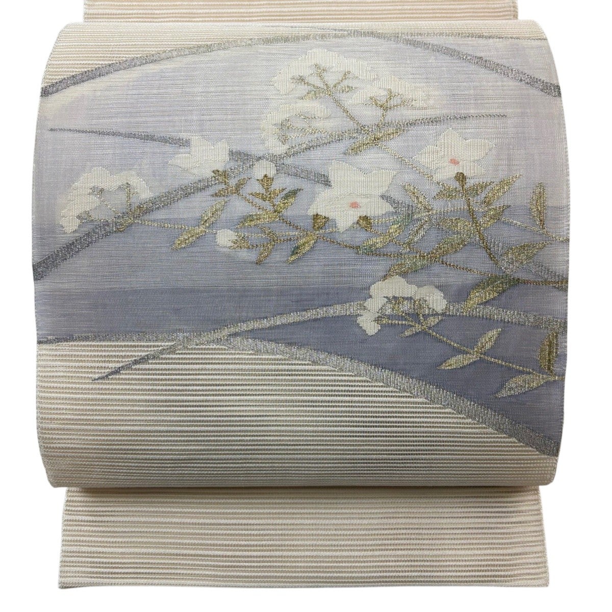 美品】 袋帯 逸品 夏帯 絽 幾何学 銀糸 刺繍 黒灰 六通 正絹 美品】 袋帯 逸品 夏帯 絽 幾何学 銀糸 刺繍 黒灰 六通 正絹