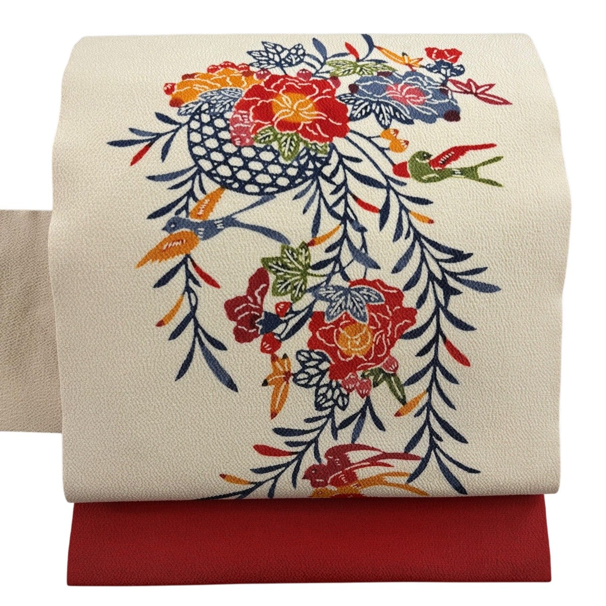 名古屋帯 名品 栗山吉三郎 落款あり 家屋 楓 縮緬 灰緑 正絹｜中古