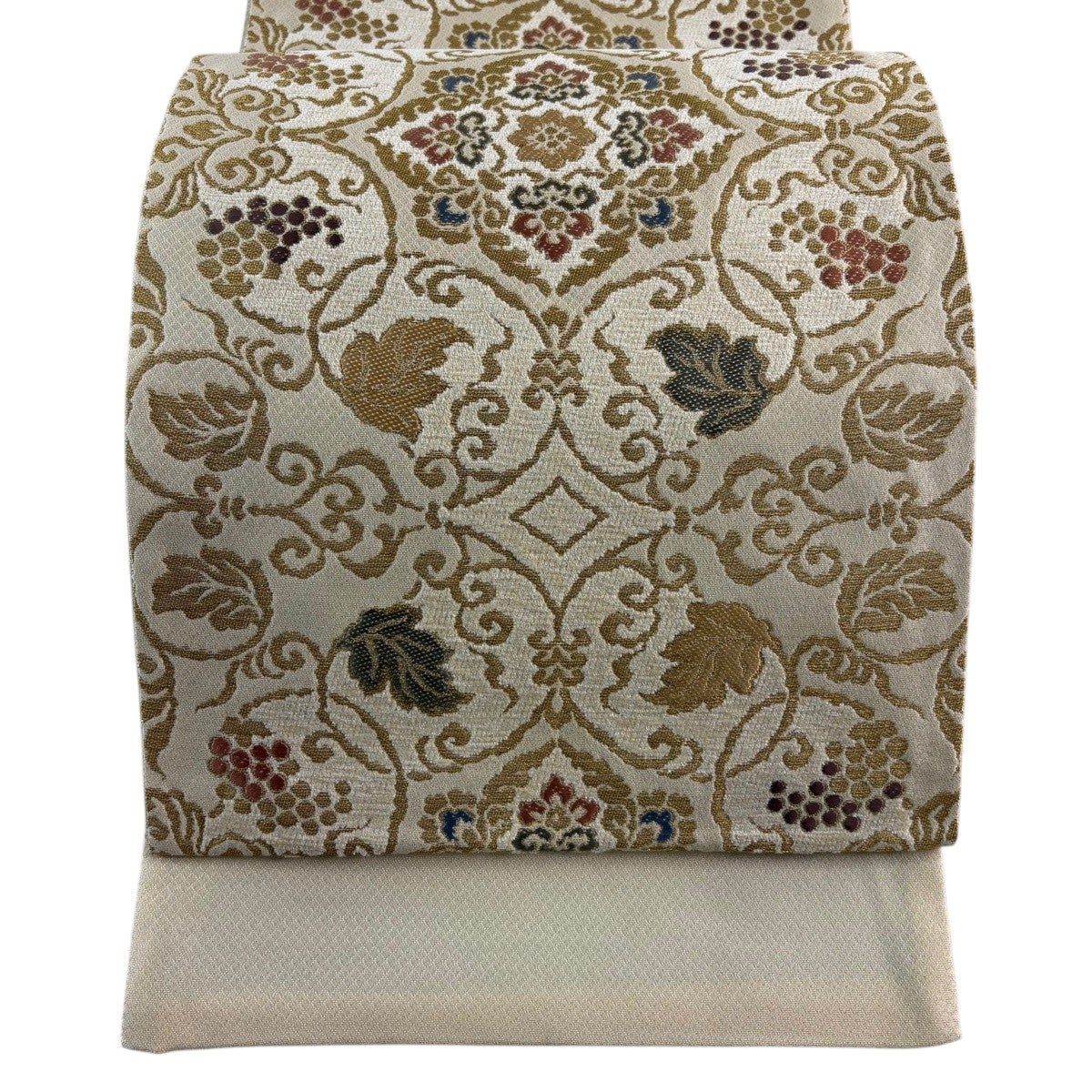 美品】 袋帯 名品 証紙あり 葡萄唐草華文 金糸 刺繍 ベージュ 六通