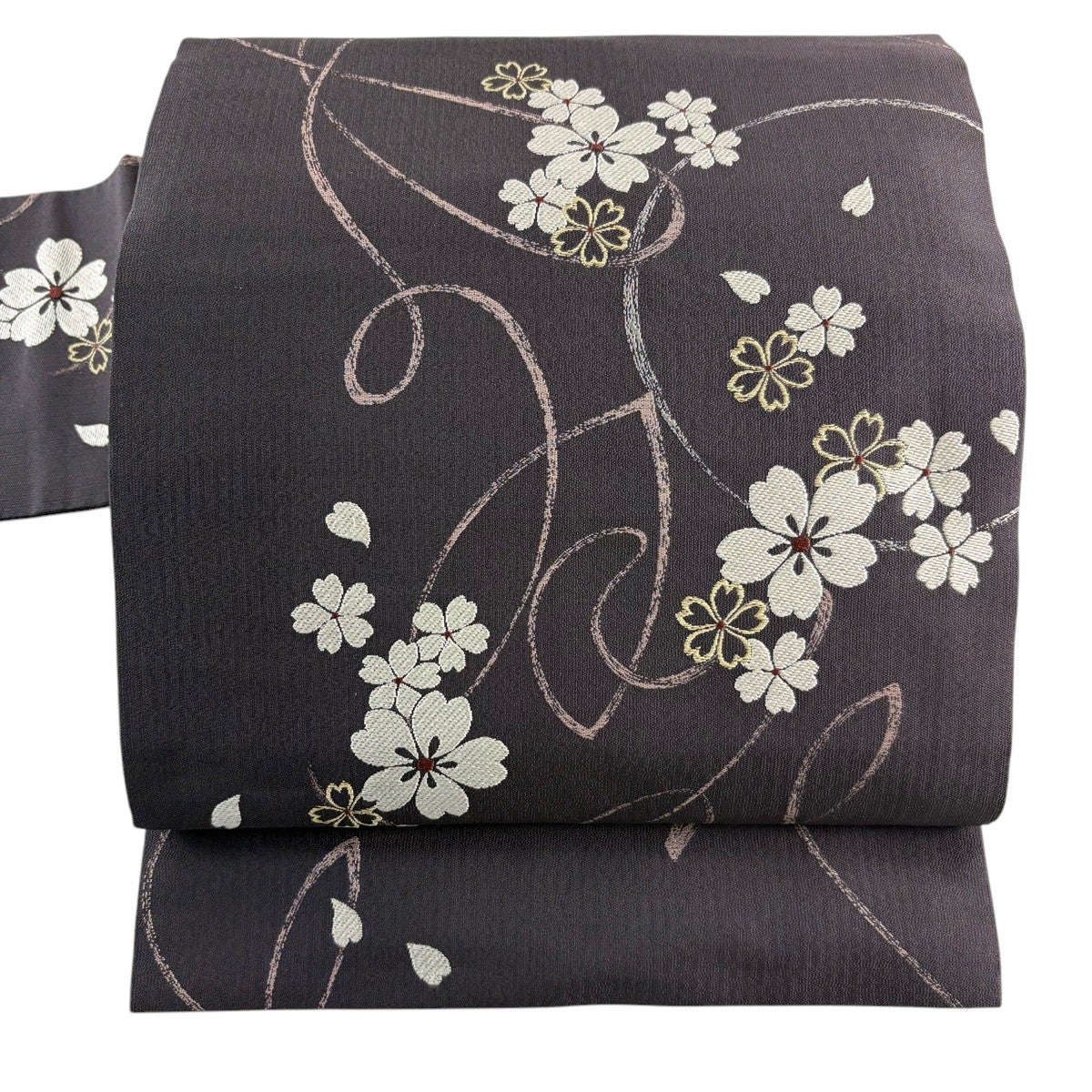 美品】 名古屋帯 名品 桜 桜の花びら 金糸 箔 茶紫 正絹｜中古・古着