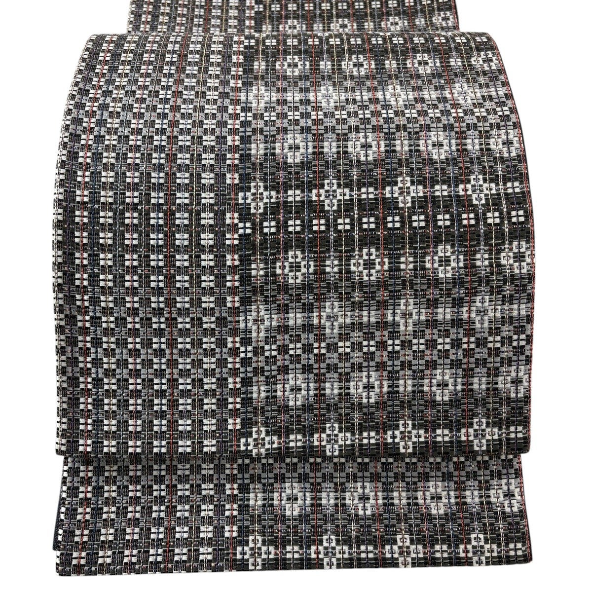 美品】 袋帯 名品 縞 幾何学 金糸 黒灰 六通 正絹｜中古・古着
