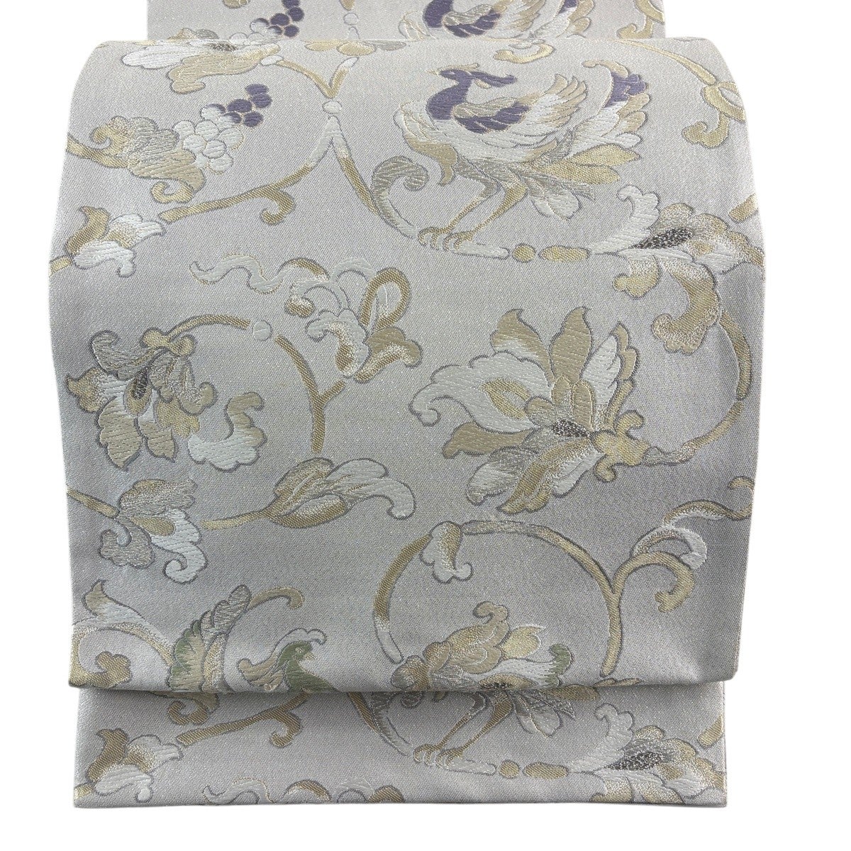 美品】 袋帯 名品 花唐草 鳥 唐織 金銀糸 灰白 六通 正絹｜中古・古着