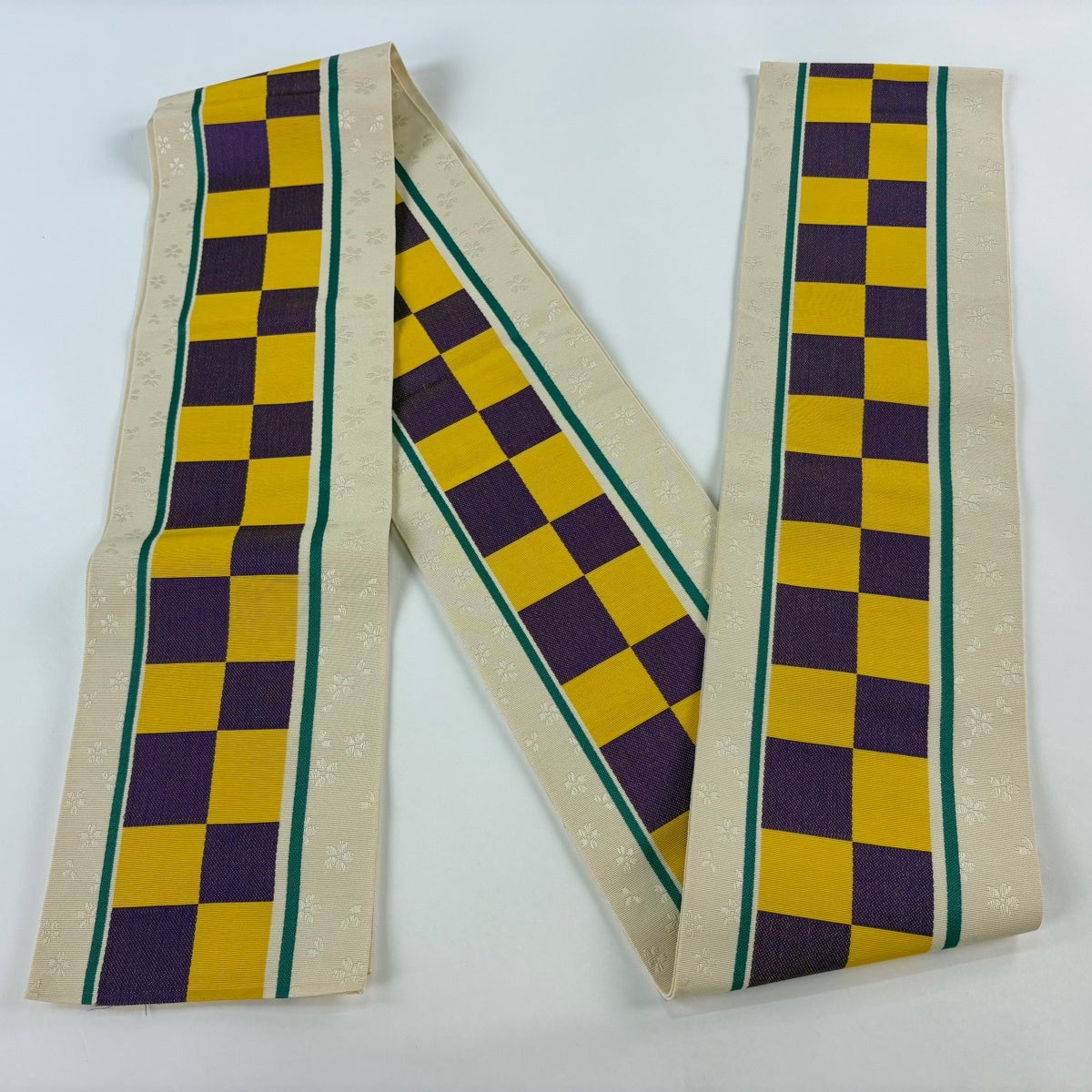 美品】半幅帯 秀品 証紙あり 博多織 変わり市松 ベージュ 正絹｜中古