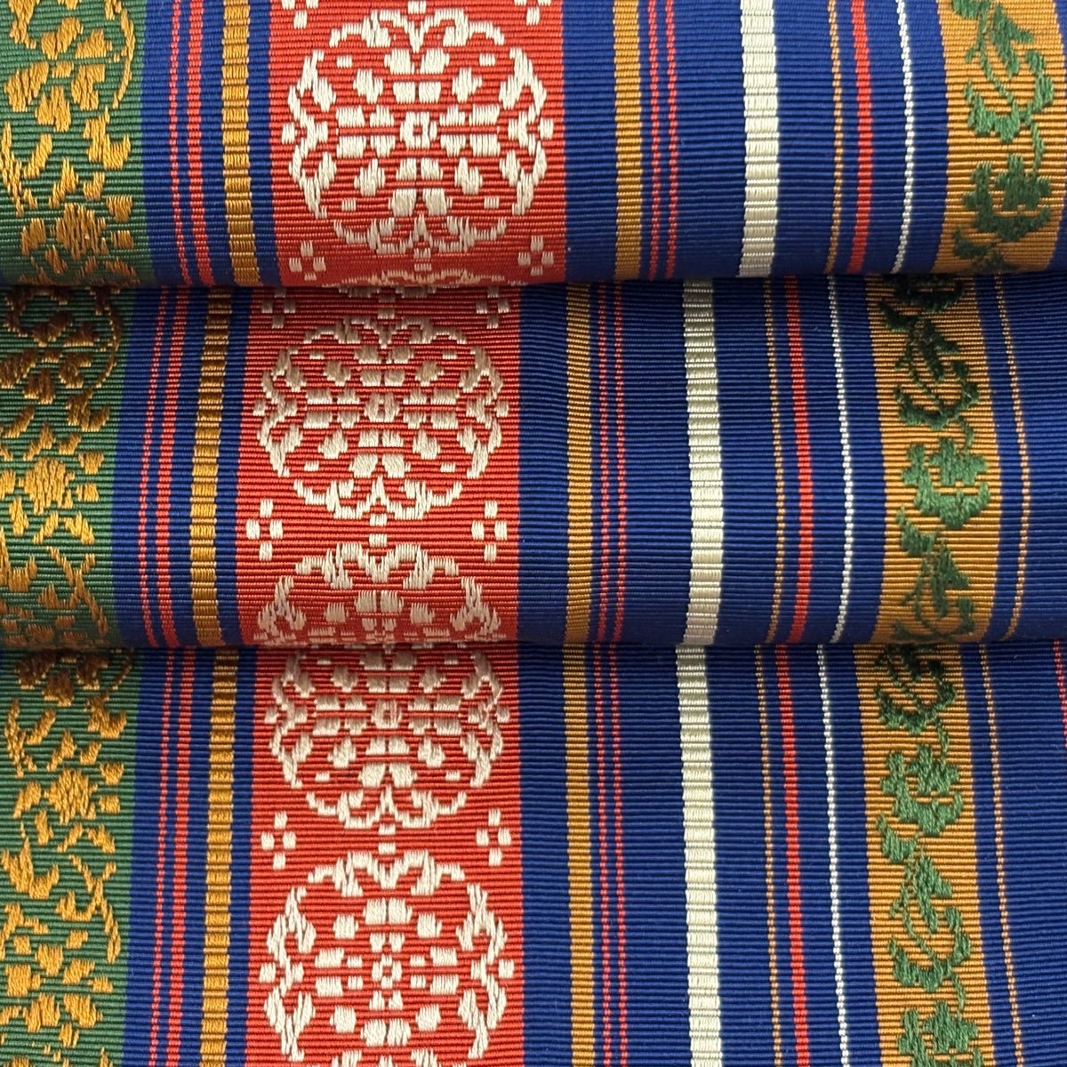 美品】半幅帯 秀品 証紙あり 博多織 花柄 縞 紺色 正絹｜中古・古着