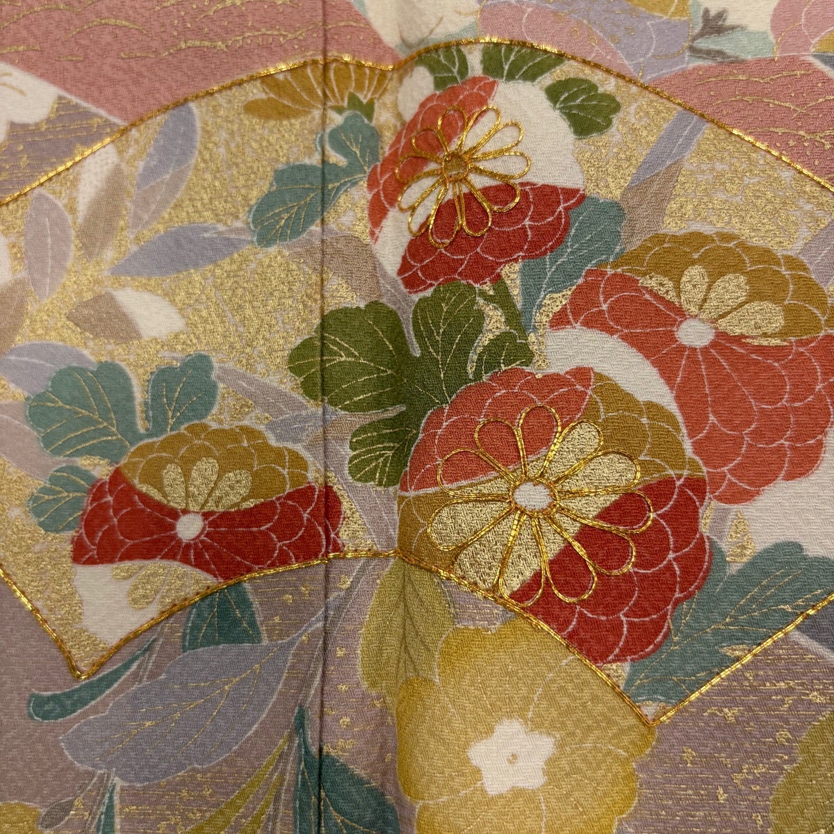 訪問着 身丈163.5cm 裄丈66.5cm M 袷 扇面 草花 金糸 金彩 ピンク 正絹