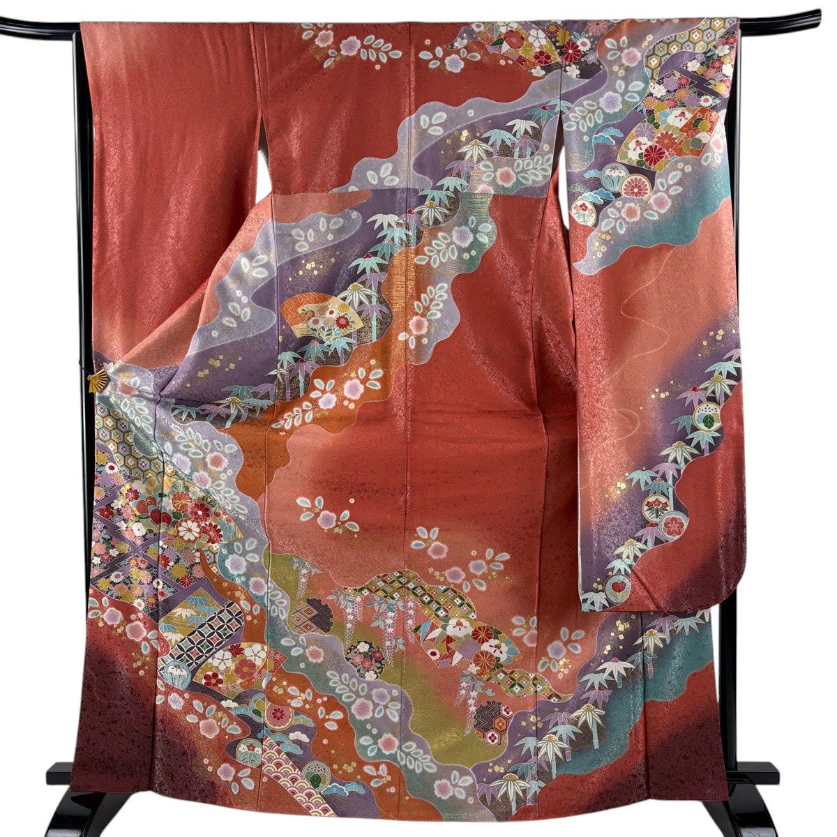 美品】 振袖 身丈168.5cm 裄丈65cm M 袷 扇面 草花 銀通し 金彩