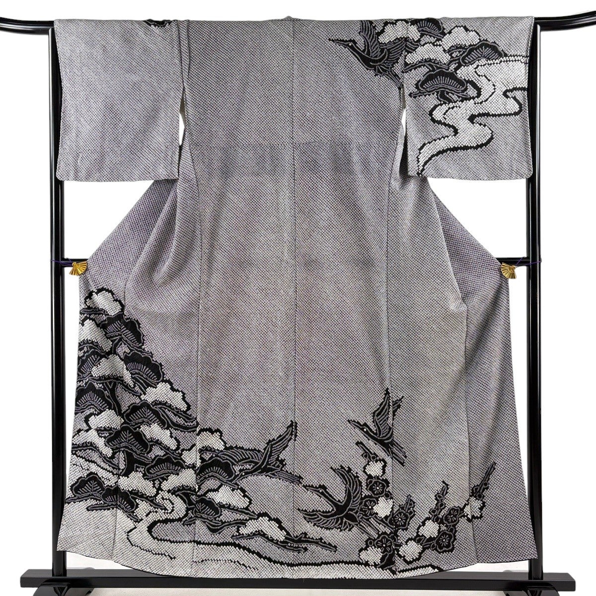 美品】 訪問着 身丈155.5cm 裄丈65cm M 袷 笠松 鶴 絞り 黒 正絹 名品