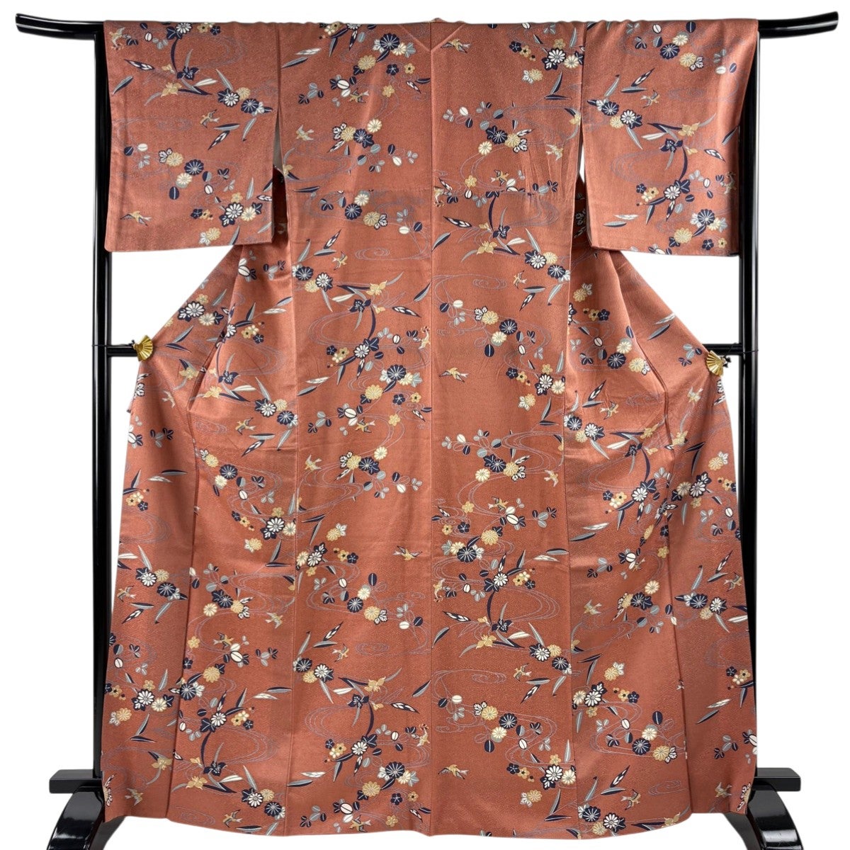 小紋 身丈160cm 裄丈66.5cm M 袷 墨流し 縦縞 ピンク 正絹 秀品｜中古