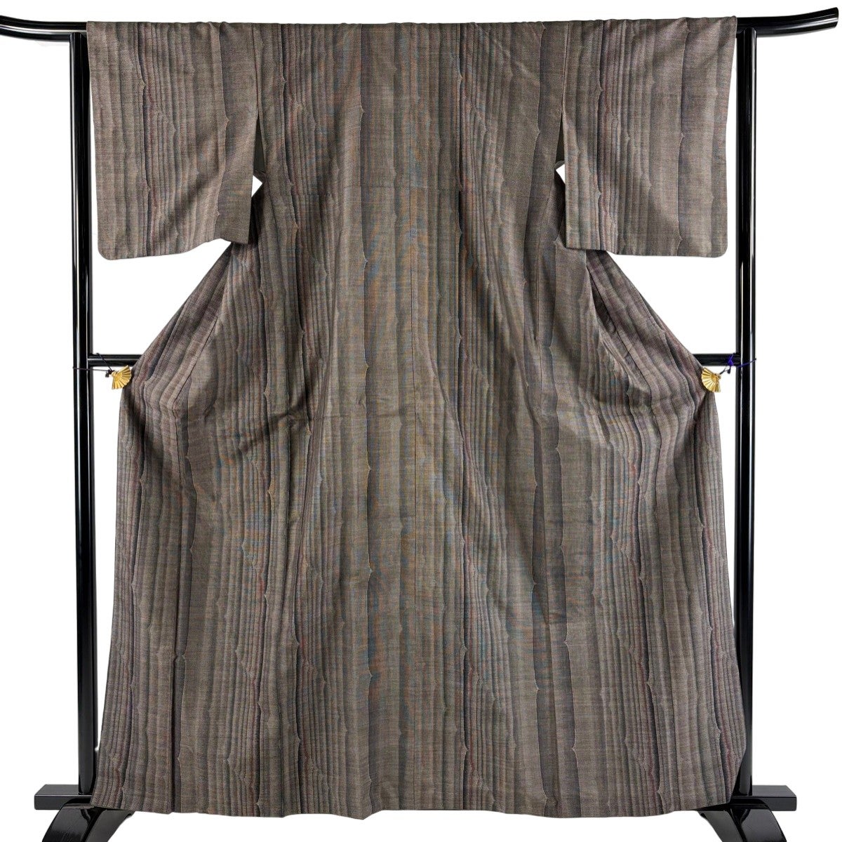 美品】 紬 身丈157cm 裄丈63.5cm S 袷 縦縞 幾何学模様 焦茶色 正絹 秀