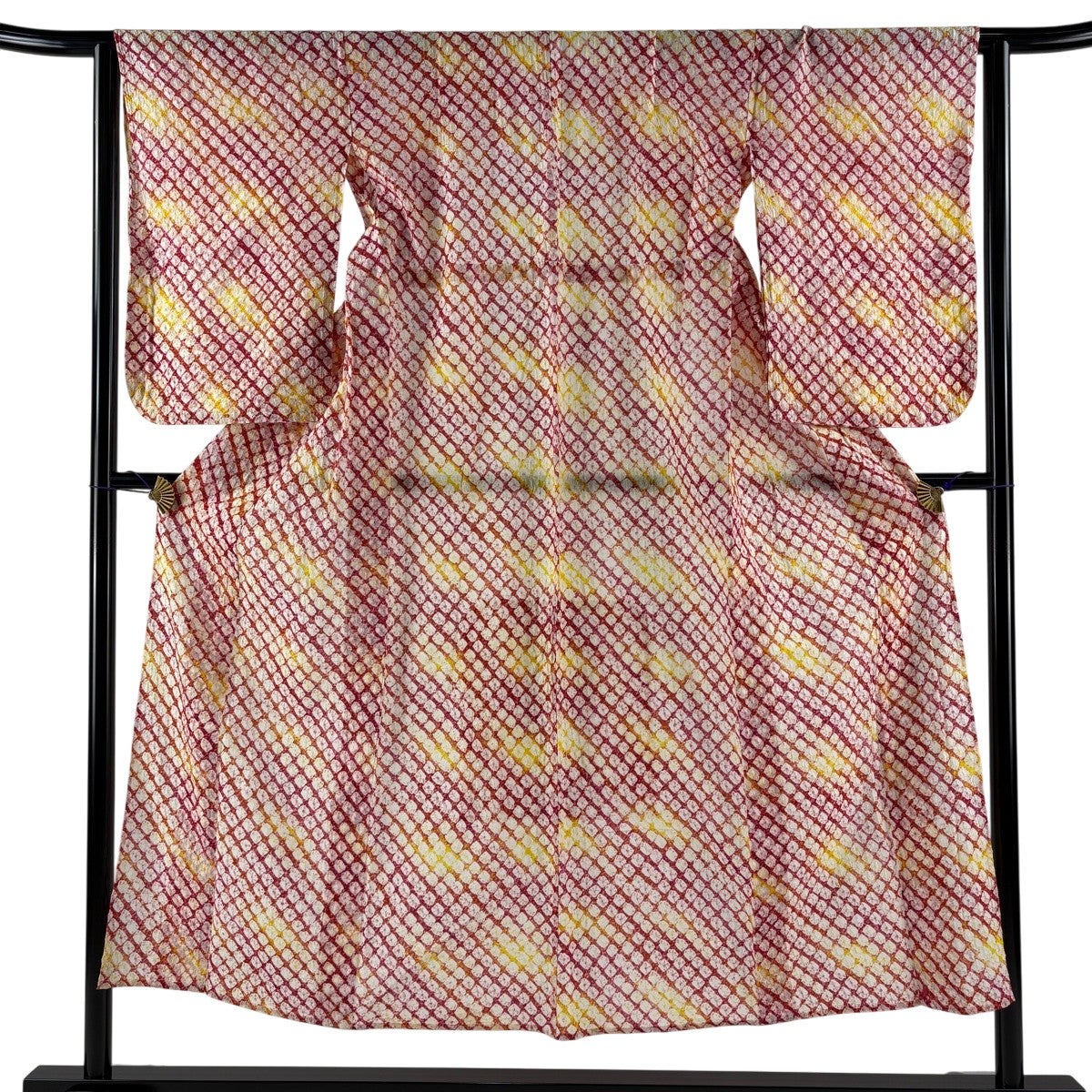 美品】 浴衣 身丈148.5cm 裄丈63cm S 絞り浴衣 幾何学 朱色 綿 名品