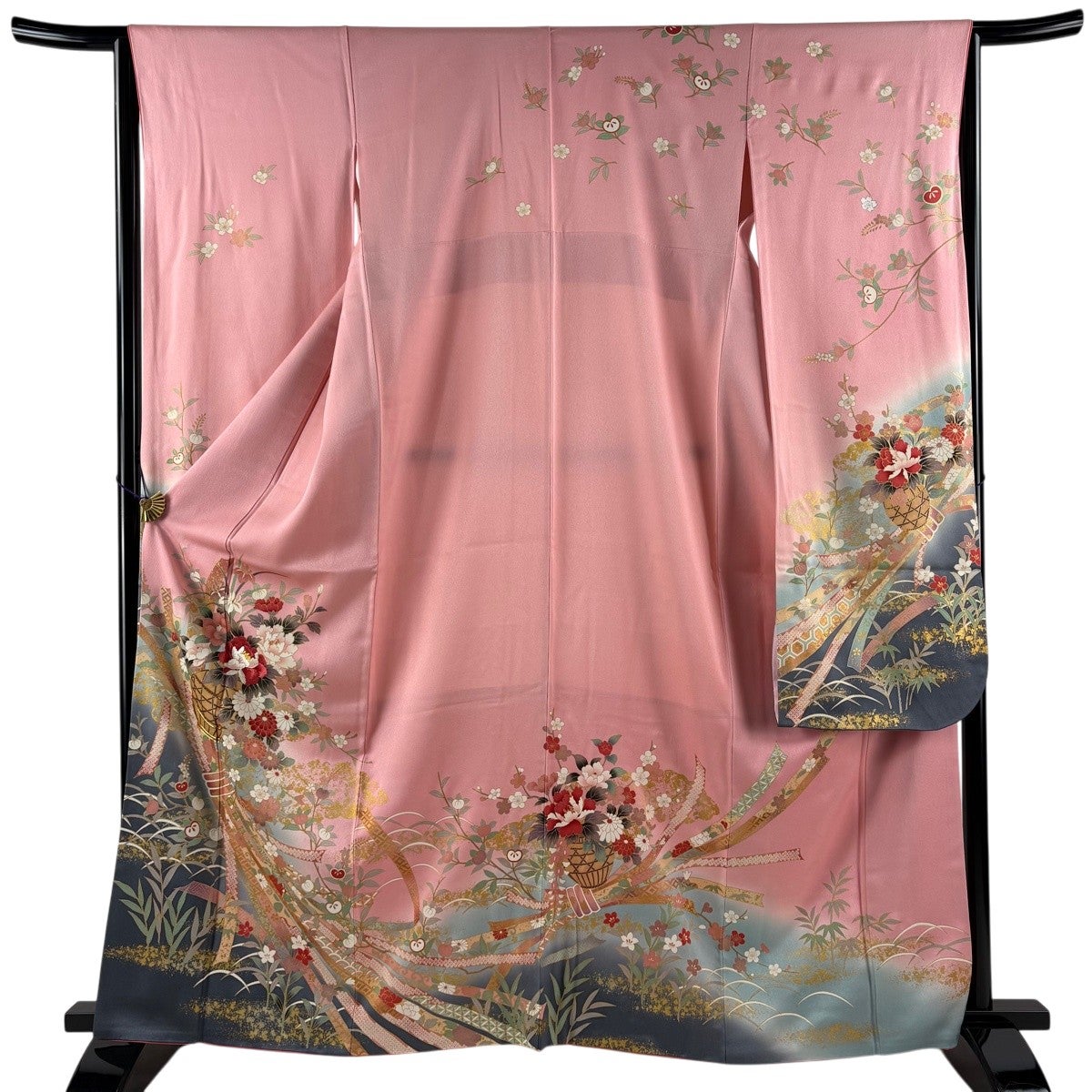 振袖単品　袷 梅 蝶 金糸 絞り 赤 正絹 秀品 振袖 身丈167cm 裄丈68.5cm L 袷 蝶 菊 金糸 絞り 赤 正絹 秀品｜中古