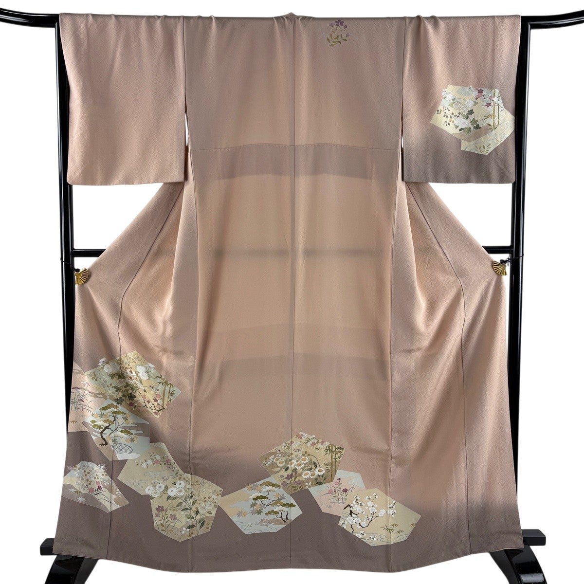 訪問着 身丈163cm 裄丈67cm M 袷 菊 松竹梅 金彩 灰緑 正絹 名品｜中古