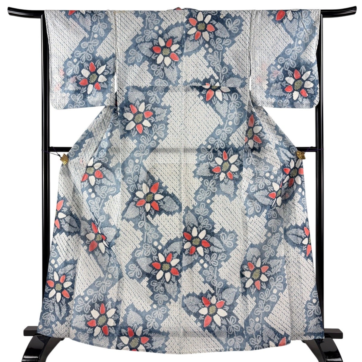 浴衣 身丈165.5cm 裄丈65cm M 絞り浴衣 草花 青灰色 綿 名品｜中古
