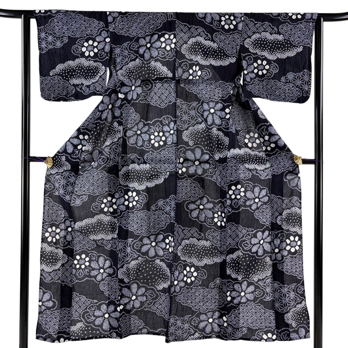 浴衣 身丈160.5cm 裄丈65cm M 絞り浴衣 花 幾何学 濃紺 綿 名品｜中古