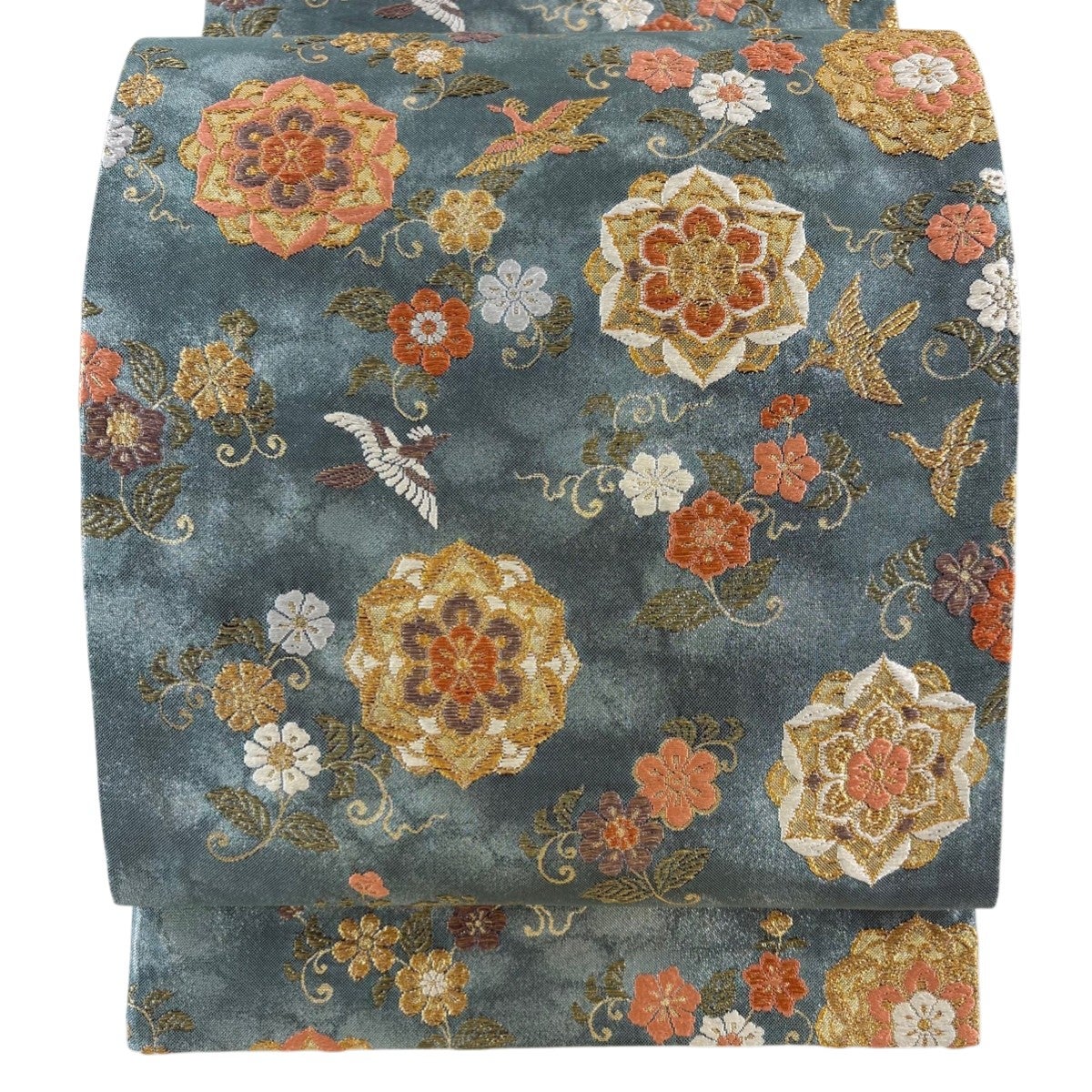 美品】袋帯 名品 CLUB mola 花鳥 魚 箔 金銀糸 赤茶 六通 正絹｜中古