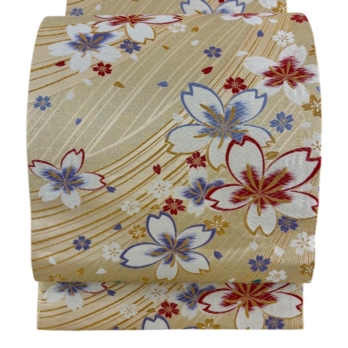 最終価格】 77%OFF 【美品】 袋帯 秀品 桜 斜縞 箔 銀糸 金色 六通