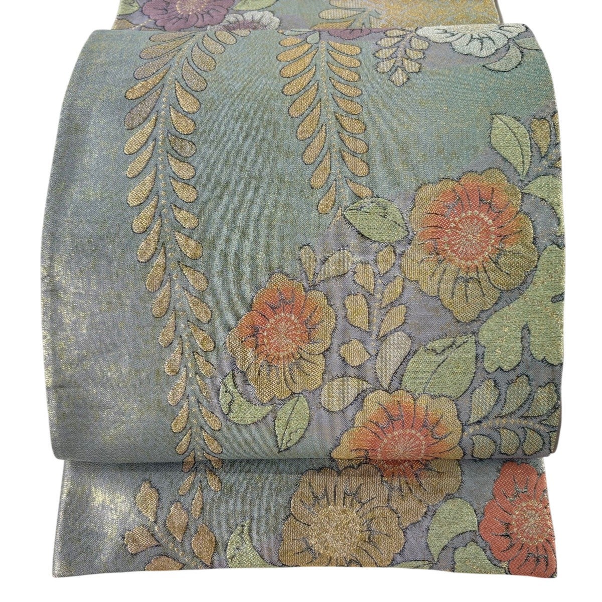 袋帯 美しい花模様 辻が花 格子柄 金銀糸 振袖 O-6043 袋帯 秀品 振袖向き 辻が花柄 松皮菱 箔 金銀糸 金色 六通 正絹 中古
