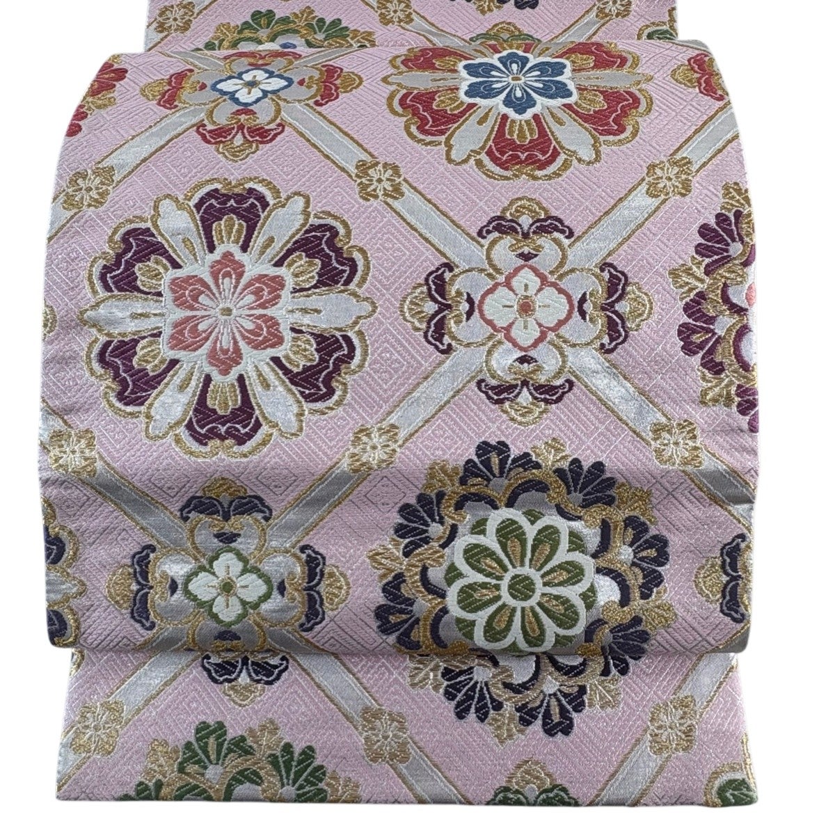 美品】 袋帯 逸品 じゅらく 落款あり じゅらく黄金繭 花 菱格子 金銀糸