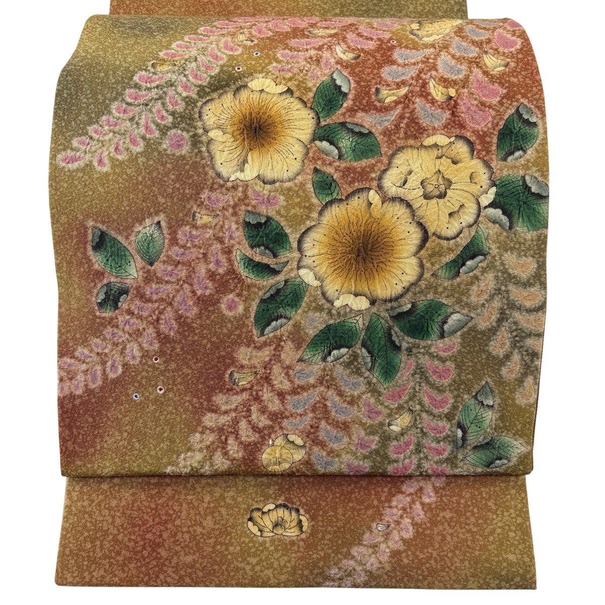 袋帯 秀品 紬地 向かい鳥 草花 刺繍 金糸 ピンク お太鼓柄 正絹｜中古