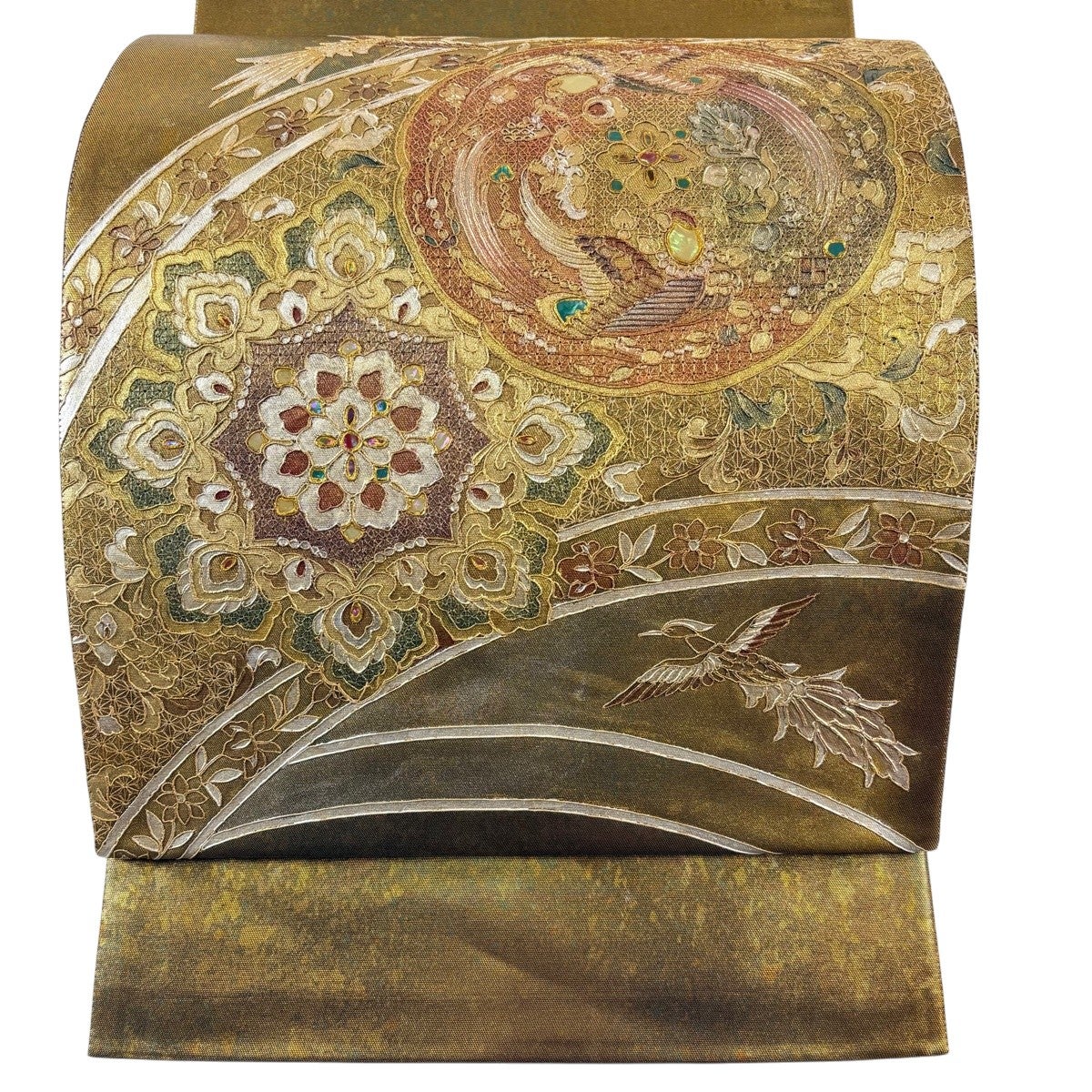美品】 袋帯 秀品 華文 鳳凰 金彩 箔 金色 お太鼓柄 正絹｜中古・古着