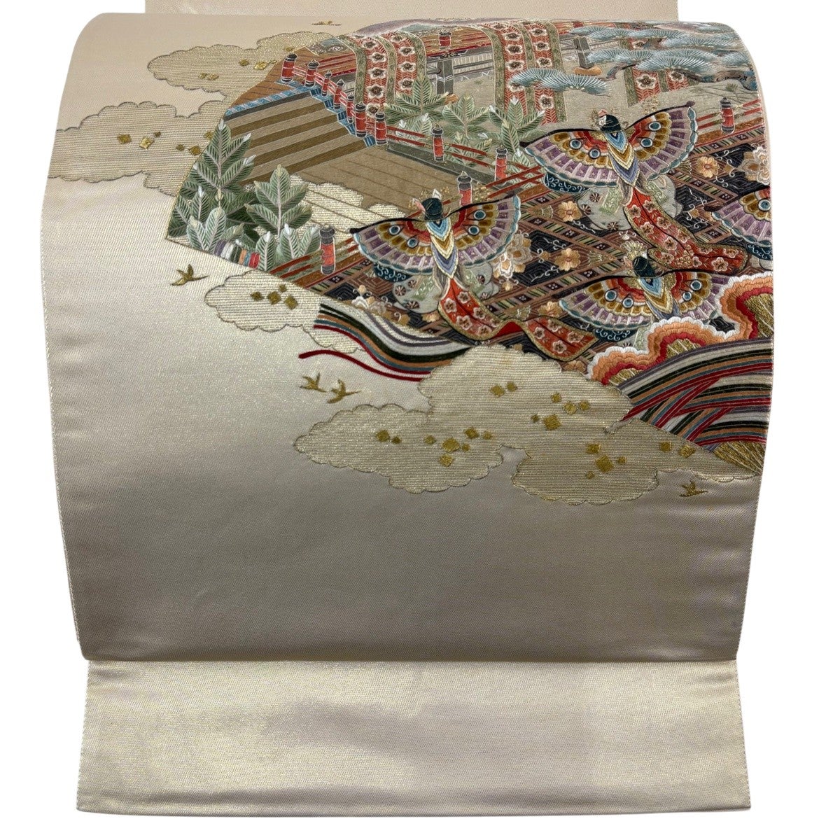 袋帯 名品 落款あり 雲娥導 扇 花鳥 蘇州刺繍 金銀糸 金色 お太鼓柄
