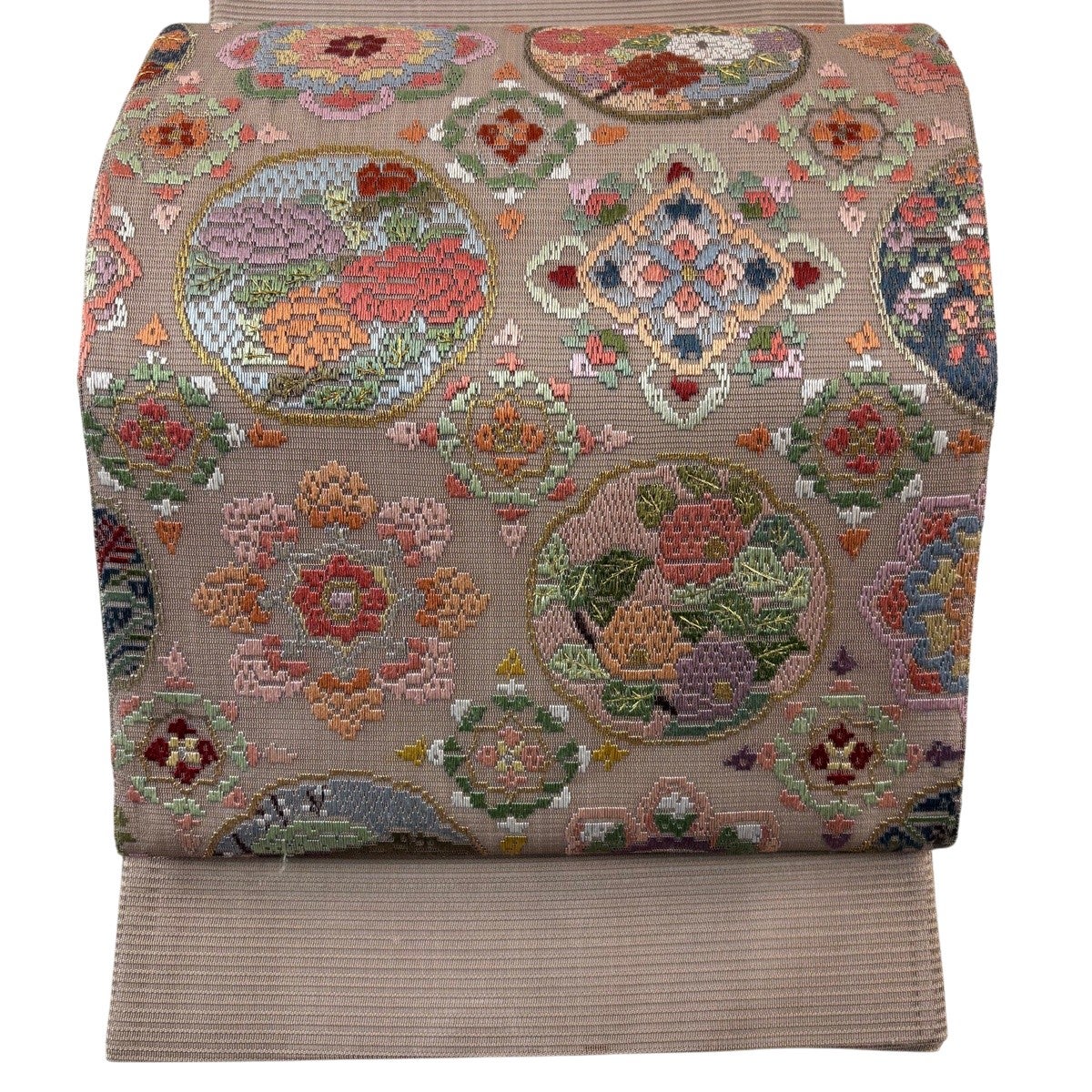 袋帯 名品 夏帯 華文 金銀糸 箔 ベージュ 六通 正絹｜中古・古着