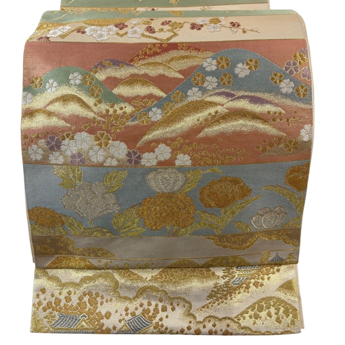 名古屋帯 秀品 川島織物 落款あり 関西仕立て 草花 金糸 箔 ベージュ