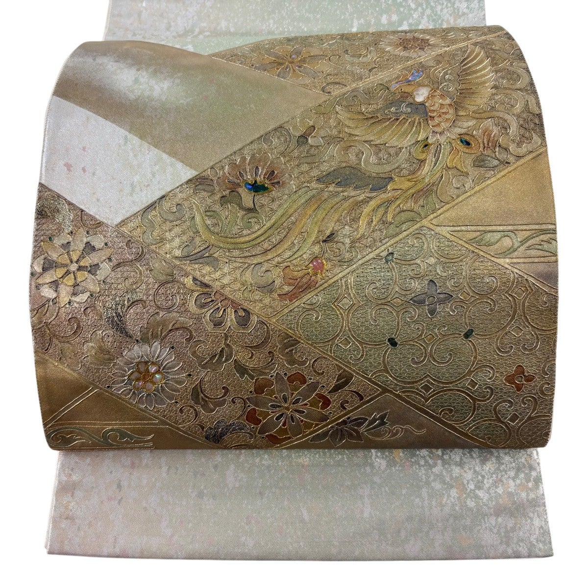 袋帯 秀品 鳳凰 花唐草 刺繍 金彩 赤茶 お太鼓柄 正絹｜中古・古着 