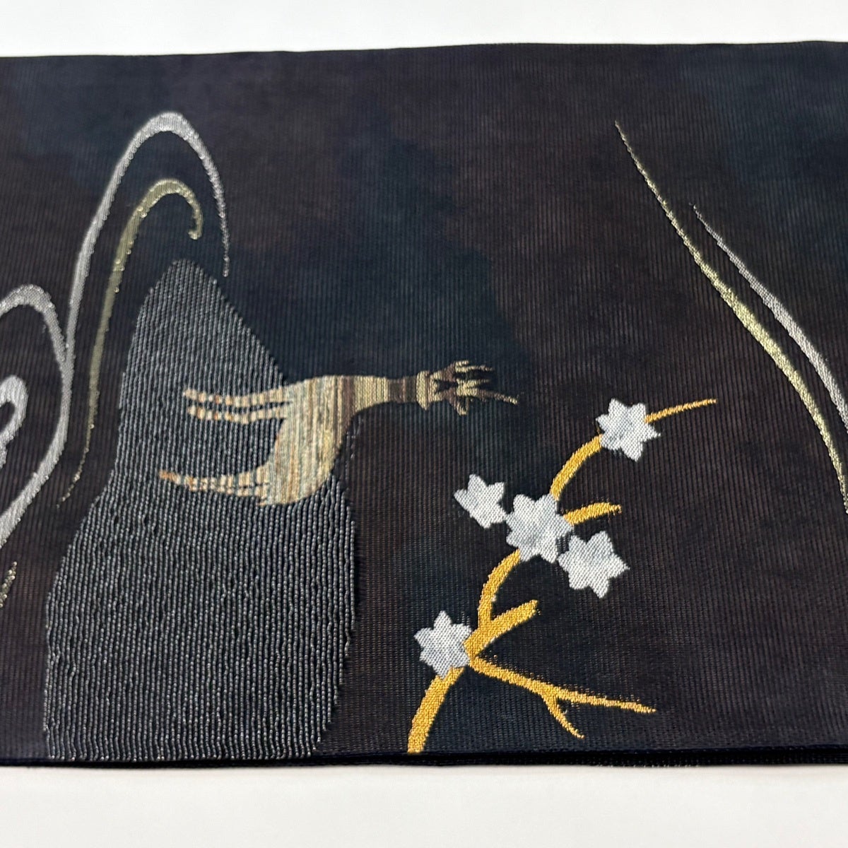 夏帯 絽 袋帯 正絹 黒地 金銀糸 刺繍 六通 袋帯 名品 夏帯 絽 鹿 枝花 金銀糸 箔 茶紫 六通 正絹｜中古・古着