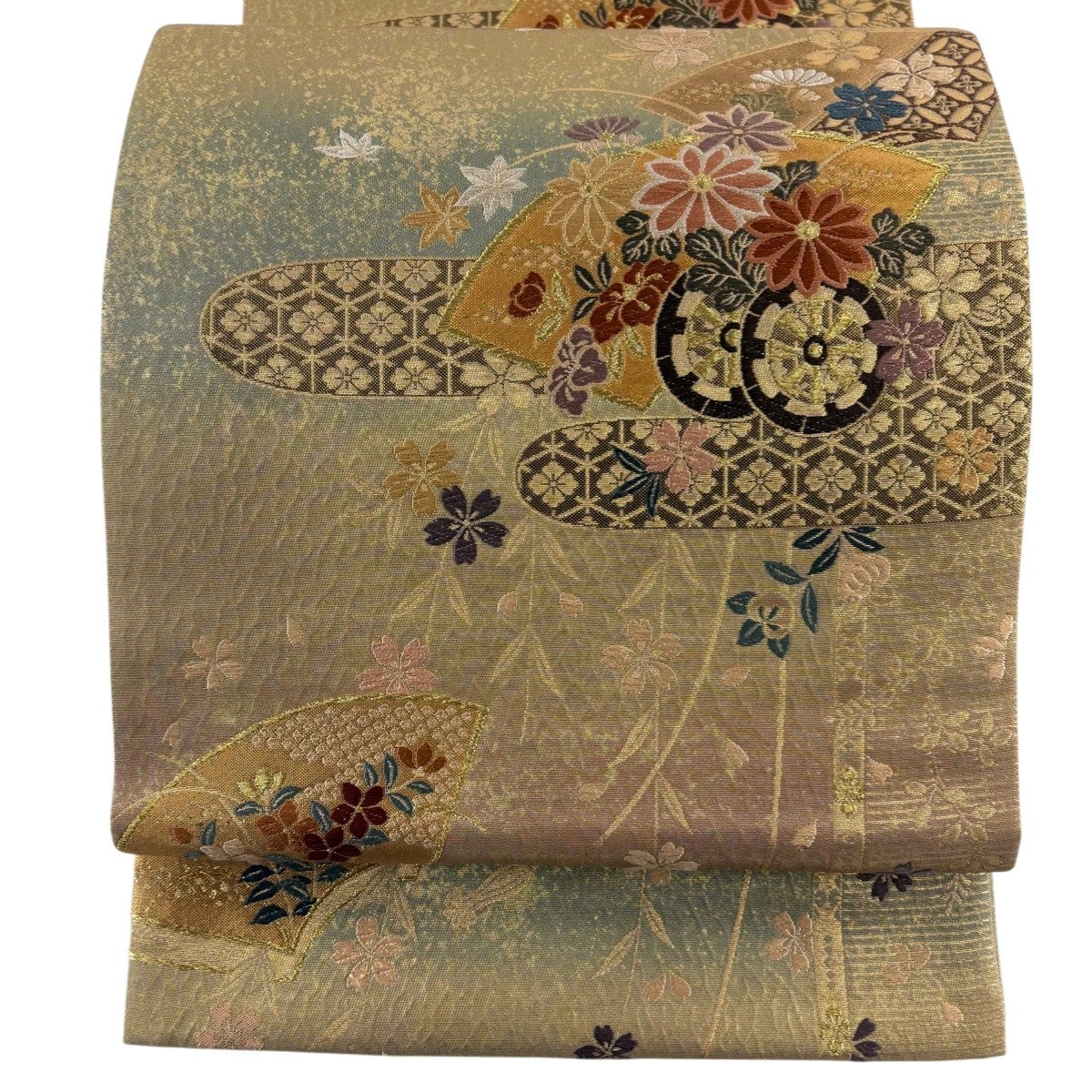 美品】 袋帯 秀品 扇面 牡丹 箔 金茶 六通 正絹｜中古・古着