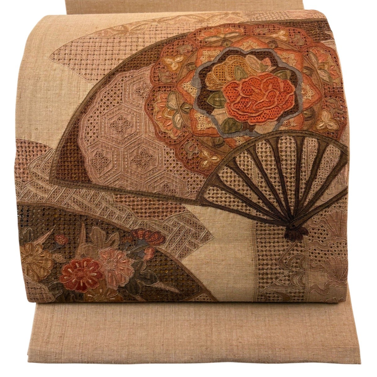 袋帯 洒落袋帯 さがら刺繍 竹文様 お太鼓柄 茶色 紬地 正絹  長さ456cm 袋帯 洒落袋帯 さがら刺繍 竹文様 お太鼓柄 茶色 紬地 正絹 長さ456cm
