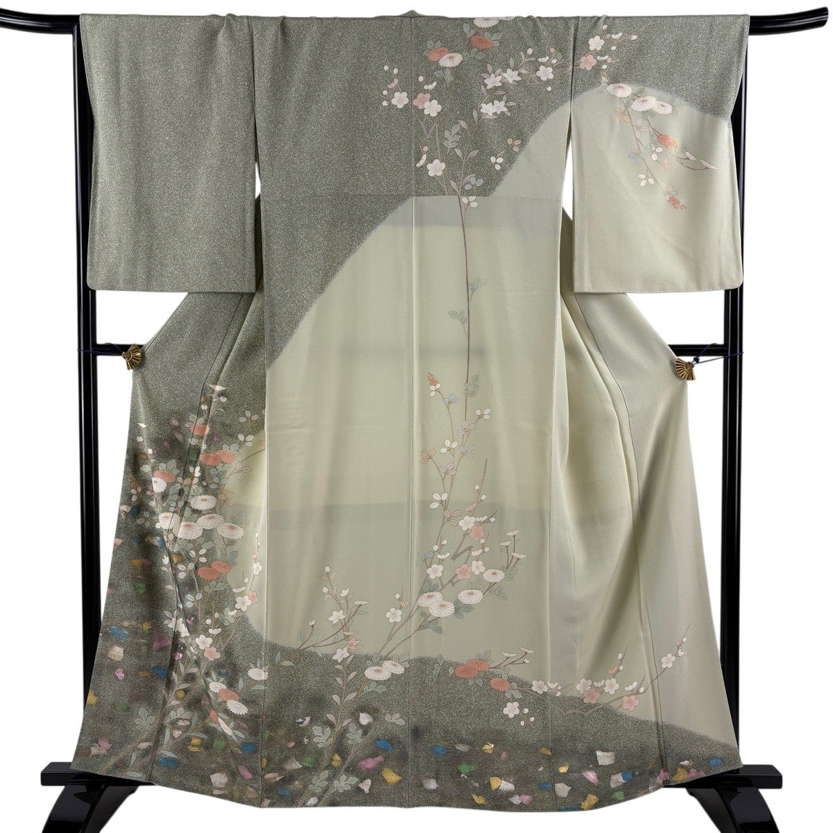 訪問着 身丈161cm 裄丈68.5cm L 袷 桜 網目 金彩 染め分け 黒 化繊